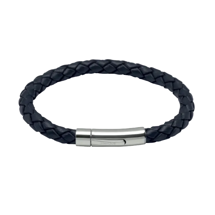 Navy Leather Bracelet with Polished Steel Pusher Clasp