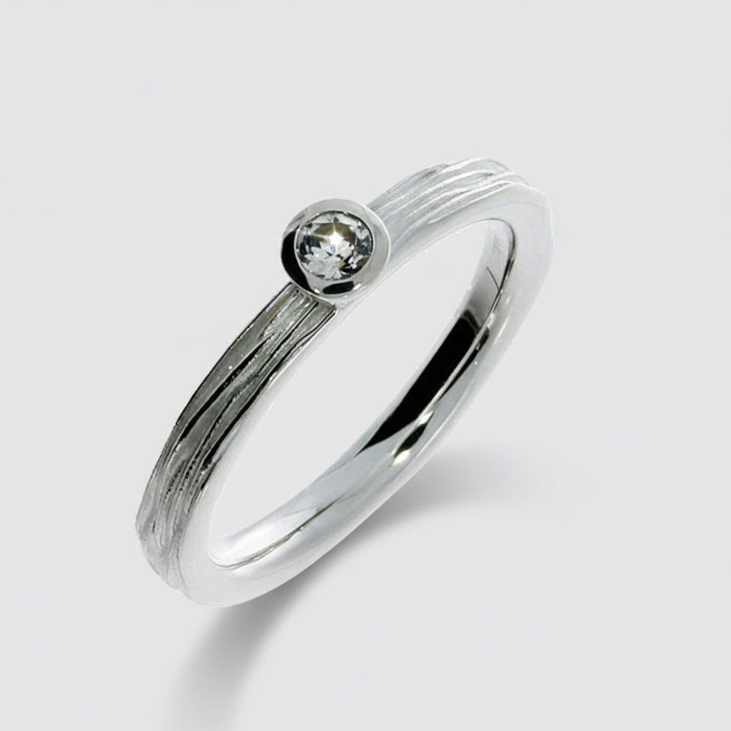 White Topaz Ring Wood Textured Band