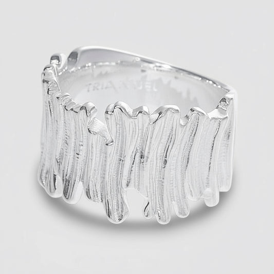 Silver ring with blue gemstones on a white background