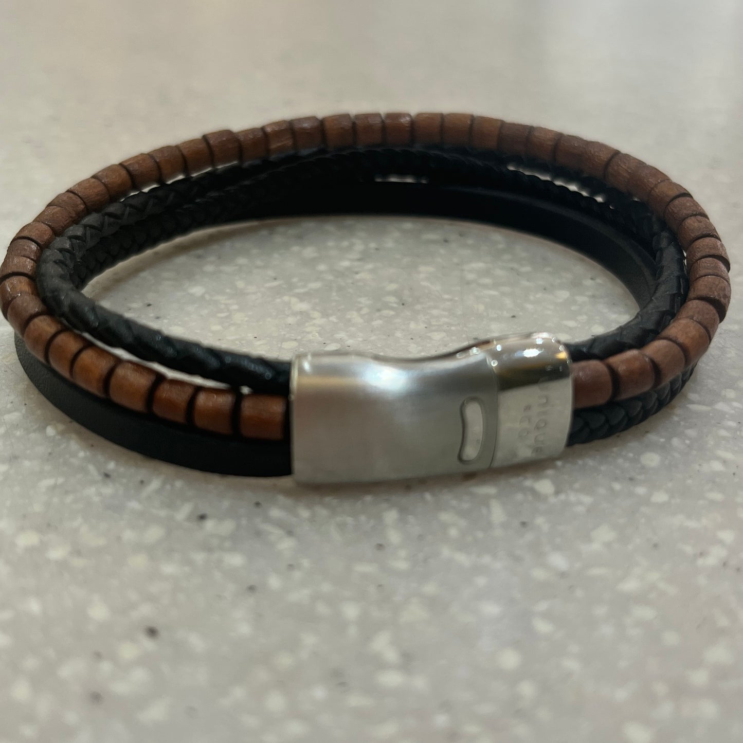 Unique Black Leather Bracelet with Wood Beads