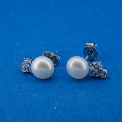 Pearl & CZ Drop Stud Earrings