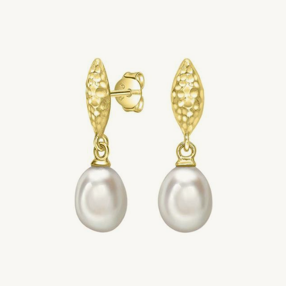 Hammered Marquise & White Freshwater Pearl Drop Earrings