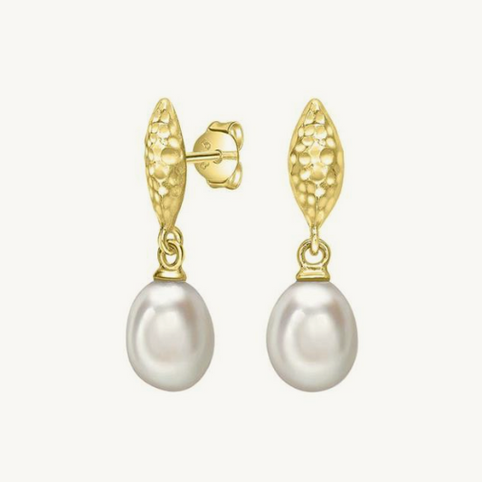 Hammered Marquise & White Freshwater Pearl Drop Earrings