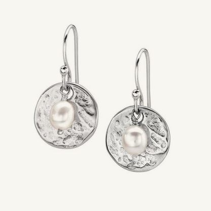 Hammered Disc & White Freshwater Pearl Nomad Earrings
