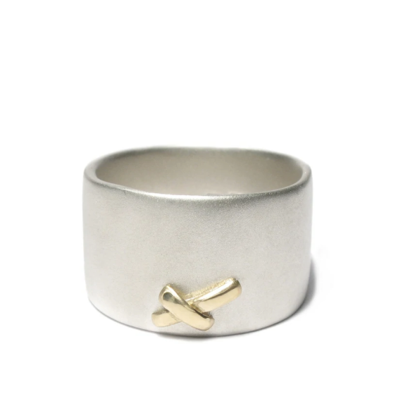 Wide Silver and 18ct Fairtrade Yellow Gold Kiss Ring